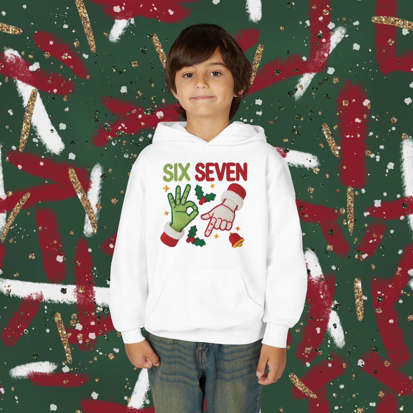 Six Seven Christmas Hoodie for Kids – Funny Holiday Grinch & Santa Hand Design