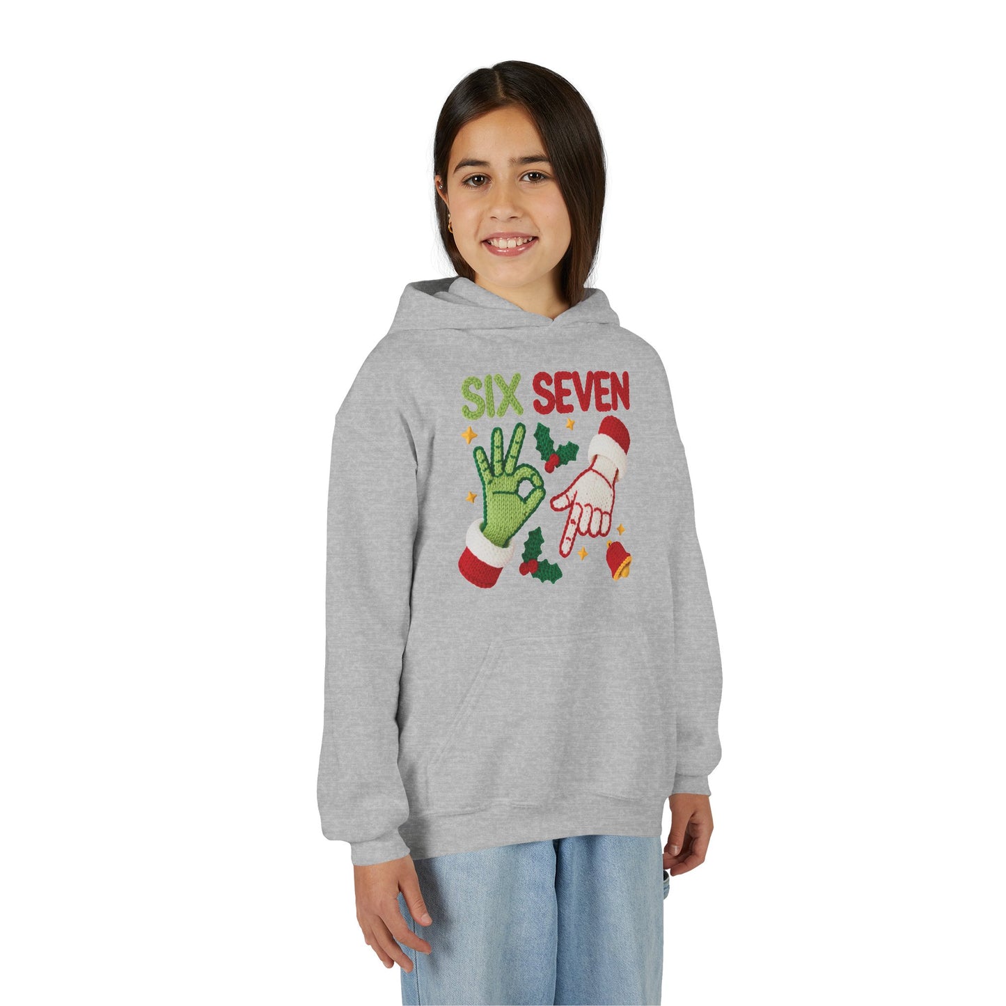 Six Seven Christmas Hoodie for Kids – Funny Holiday Grinch & Santa Hand Design