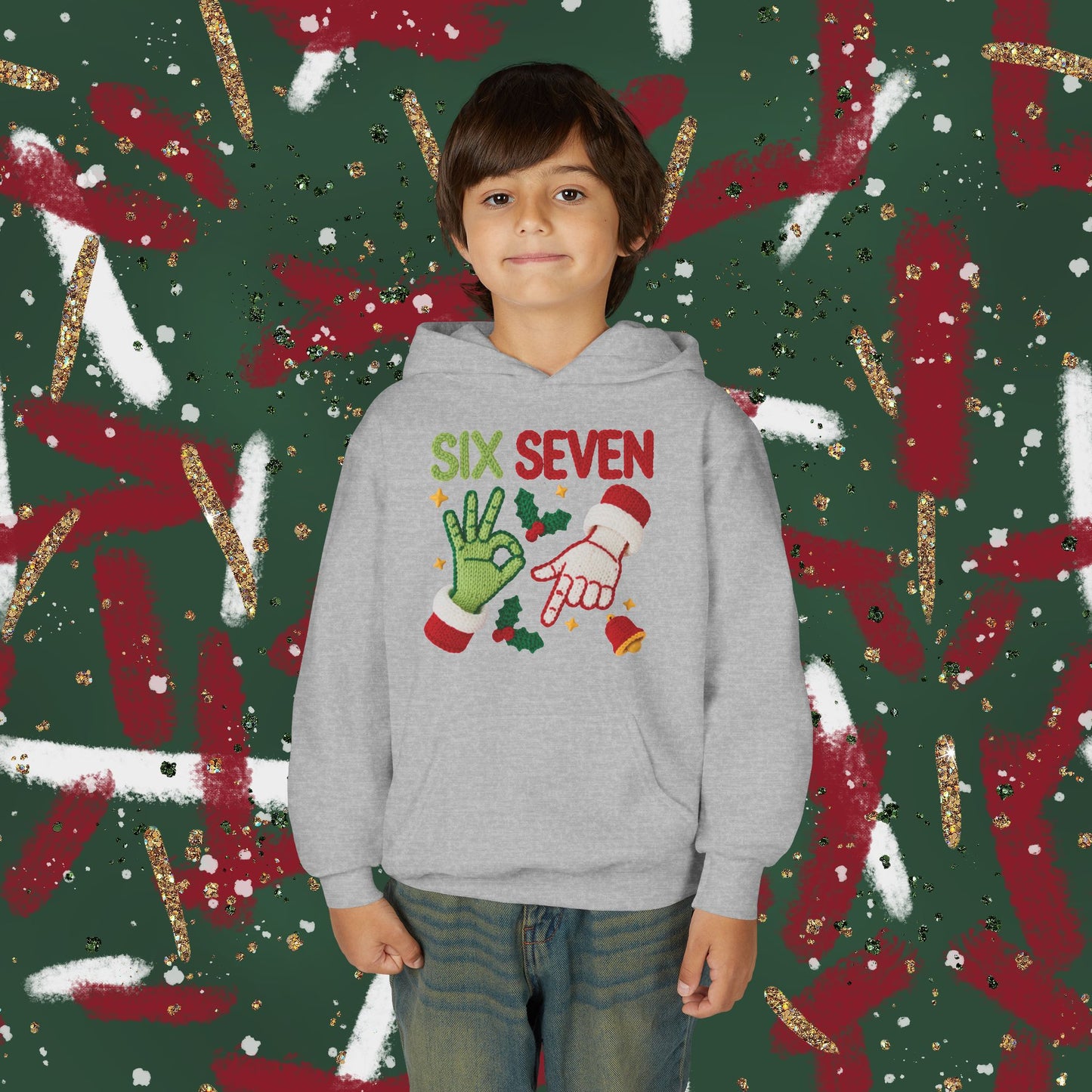 Six Seven Christmas Hoodie for Kids – Funny Holiday Grinch & Santa Hand Design