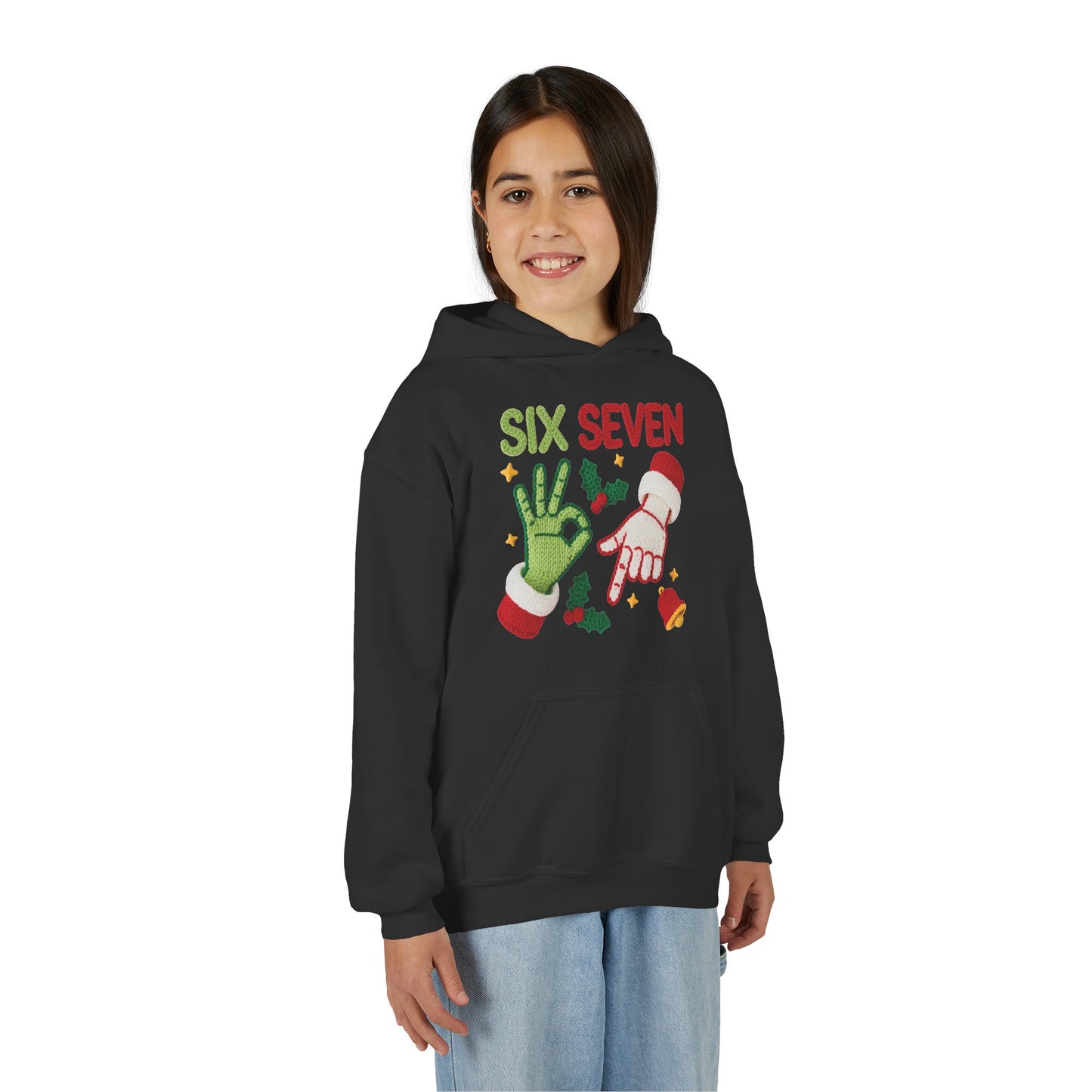 Six Seven Christmas Hoodie for Kids – Funny Holiday Grinch & Santa Hand Design