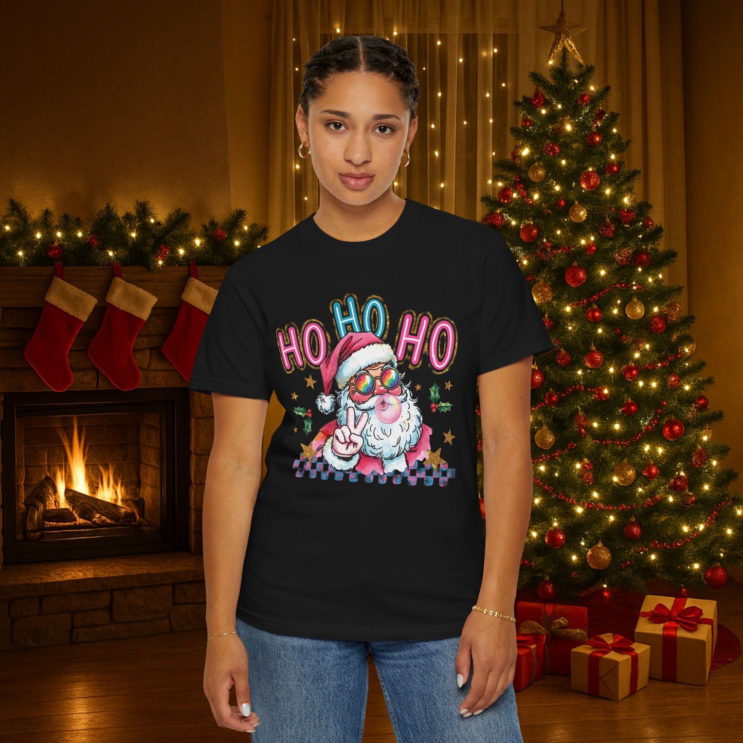 Festive Santa Graphic T-Shirt - Ho Ho Ho Holiday Tee