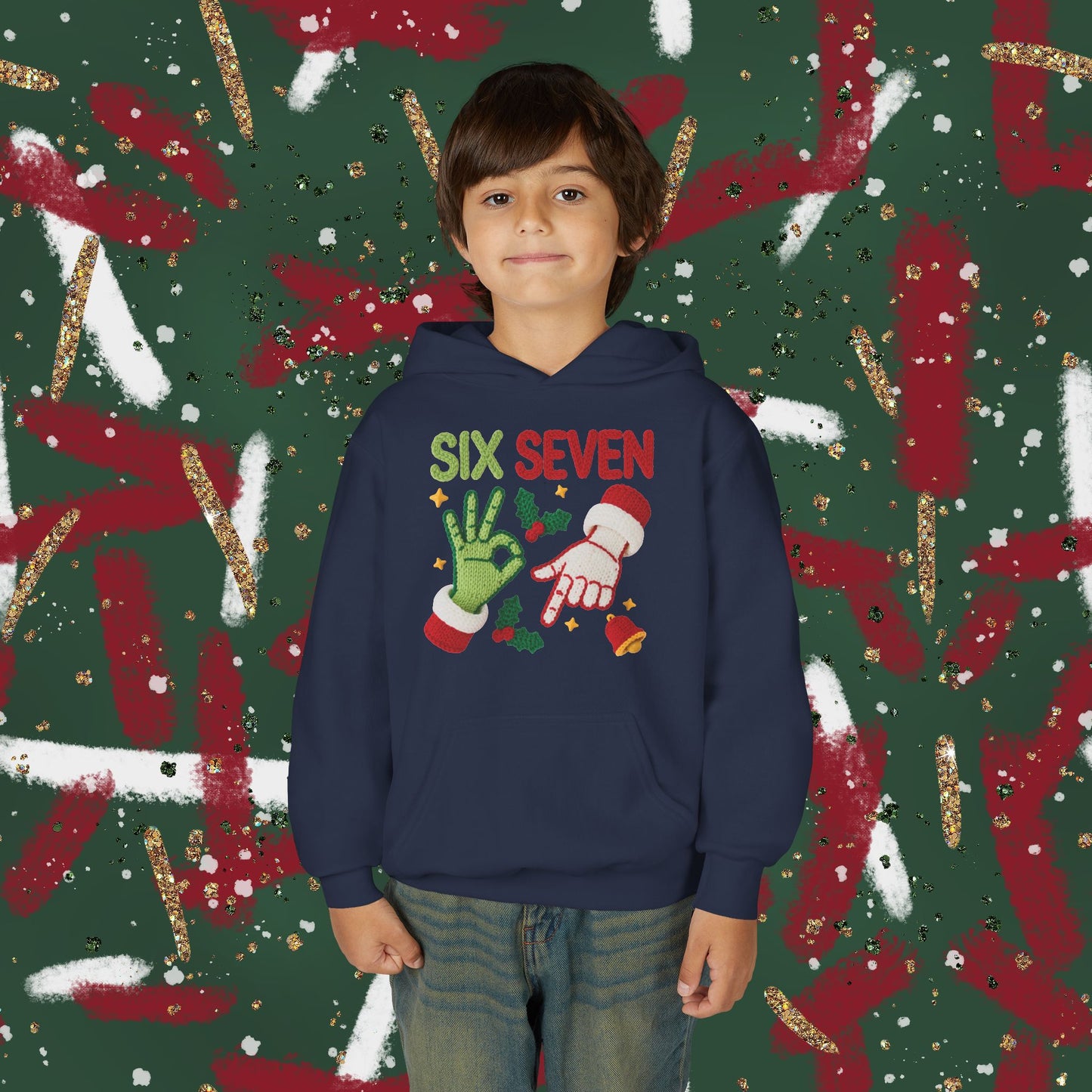 Six Seven Christmas Hoodie for Kids – Funny Holiday Grinch & Santa Hand Design