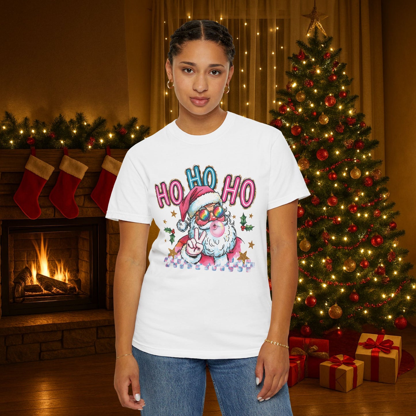 Festive Santa Graphic T-Shirt - Ho Ho Ho Holiday Tee