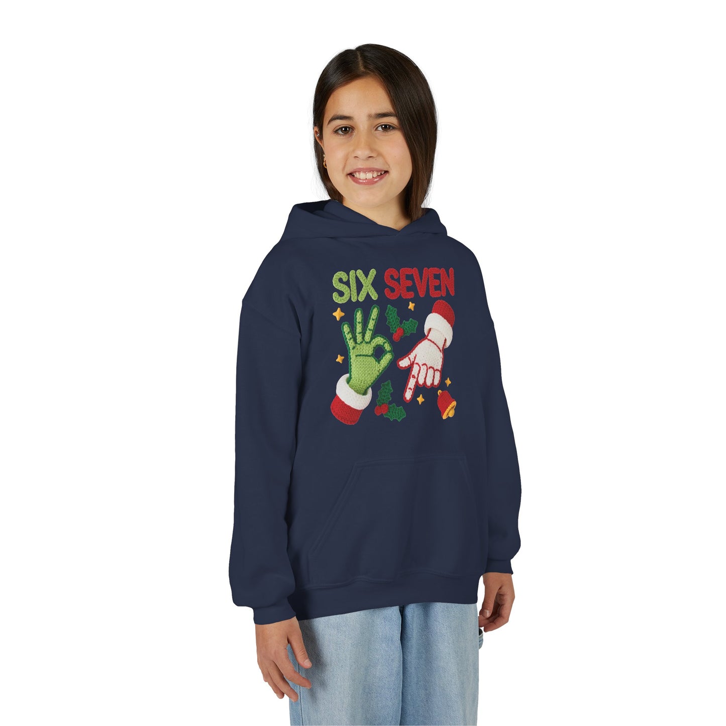 Six Seven Christmas Hoodie for Kids – Funny Holiday Grinch & Santa Hand Design